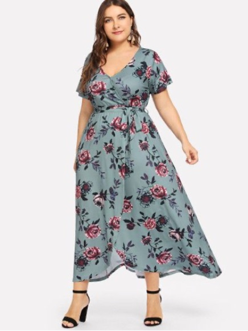 About a Girl Plus Size Floral Wrap Midi Dress in Teal